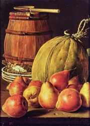 Stillleben mit Birnen, Melone und Fass zum Marinieren